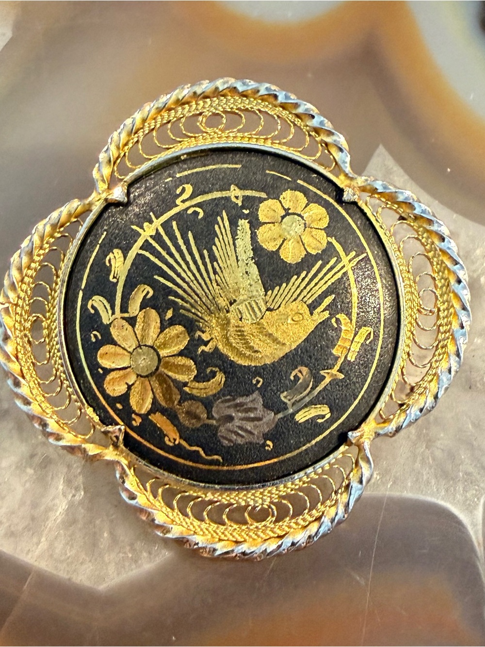 antique Damascene Gold & Black Bird Floral Brooch Guc trombone clasp 1.5”